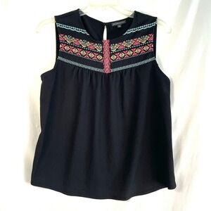 Adrianna Papell Wms Large Black Sleeveless Embroidered Blouse Brickbrack Pleats